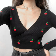 Load image into Gallery viewer, Women Embroidery Cherry Knitted Wrap Rib Top Crop Knit Pullover
