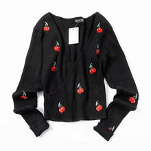 Load image into Gallery viewer, Women Embroidery Cherry Knitted Wrap Rib Top Crop Knit Pullover