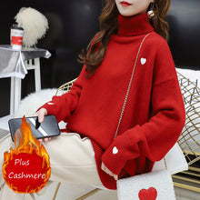 Load image into Gallery viewer, EACHIN Women Winter Plus Cashmere Warm Turtleneck Sweaters Fashion Loose Long Sleeve Elastic Knitted Embroidery Pullover Tops