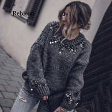 Load image into Gallery viewer, Rebicoo Autumn Winter Women Sequined Knitted Sweater Drop Shoulder Long Sleeve Loose Pullover Female Casual Warm Jumper Sweater