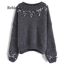 Load image into Gallery viewer, Rebicoo Autumn Winter Women Sequined Knitted Sweater Drop Shoulder Long Sleeve Loose Pullover Female Casual Warm Jumper Sweater
