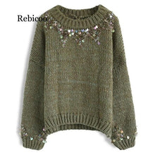 Load image into Gallery viewer, Rebicoo Autumn Winter Women Sequined Knitted Sweater Drop Shoulder Long Sleeve Loose Pullover Female Casual Warm Jumper Sweater