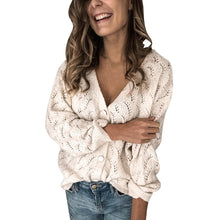 Load image into Gallery viewer, White Sweater Women 2019 Long Sleeve Ladies Gardigan Women Top V Neck Button Hollow Out Knit Cashmere Sweater Cardigan For Women