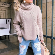Load image into Gallery viewer, JaMerry Beading pearl turtleneck loose knitted pullover women Casual fashion winter sweater women Autumn long sleeve jumper fema