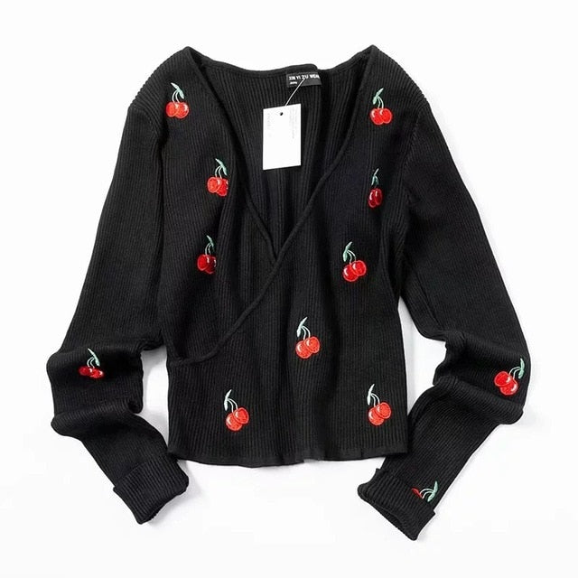 Women Embroidery Cherry Knitted Wrap Rib Top Crop Knit Pullover