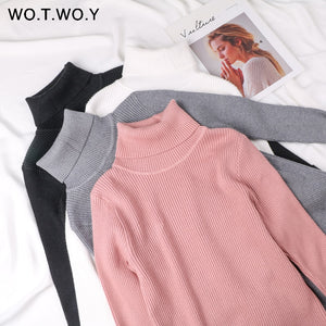 WOTWOY 13 Colors Solid Basic Knitted Sweaters Women 2019 Autumn Winter Long Sleeve Casual Turtleneck Pullover Female Pink Jumper