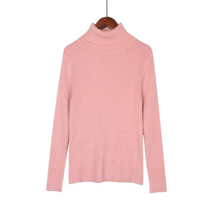 WOTWOY 13 Colors Solid Basic Knitted Sweaters Women 2019 Autumn Winter Long Sleeve Casual Turtleneck Pullover Female Pink Jumper