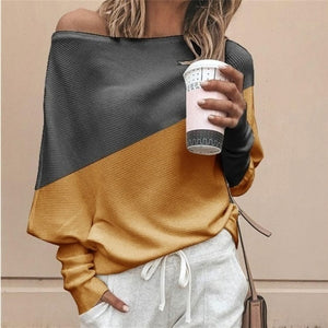 Plus Size Women Batwing Sleeve Sweater Autumn Off Shoulder Knitted Sweaters Pullover Tops Ladies Patchwork Loose Jumper Knitwear