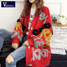 Load image into Gallery viewer, Vangull Women Letter Print Knitted Sweater Spring Autumn New Korean Long Sleeve Single Breasted Thick Fashion Loose Cardigan
