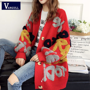 Vangull Women Letter Print Knitted Sweater Spring Autumn New Korean Long Sleeve Single Breasted Thick Fashion Loose Cardigan