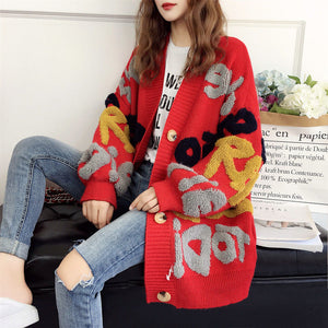 Vangull Women Letter Print Knitted Sweater Spring Autumn New Korean Long Sleeve Single Breasted Thick Fashion Loose Cardigan