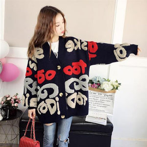 Vangull Women Letter Print Knitted Sweater Spring Autumn New Korean Long Sleeve Single Breasted Thick Fashion Loose Cardigan