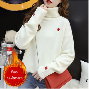 EACHIN  Women Winter Plus Cashmere Warm Turtleneck Sweaters Fashion Loose Long Sleeve Elastic Knitted Embroidery Pullover Tops