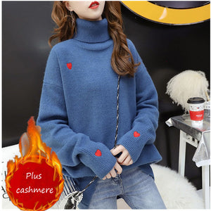 EACHIN  Women Winter Plus Cashmere Warm Turtleneck Sweaters Fashion Loose Long Sleeve Elastic Knitted Embroidery Pullover Tops