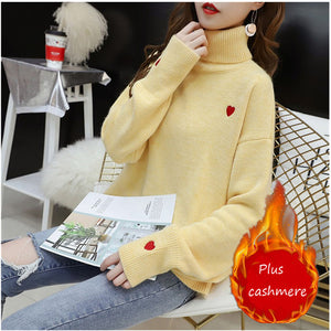 EACHIN  Women Winter Plus Cashmere Warm Turtleneck Sweaters Fashion Loose Long Sleeve Elastic Knitted Embroidery Pullover Tops