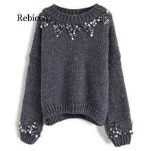 Load image into Gallery viewer, Rebicoo Autumn Winter Women Sequined Knitted Sweater Drop Shoulder Long Sleeve Loose Pullover Female Casual Warm Jumper Sweater
