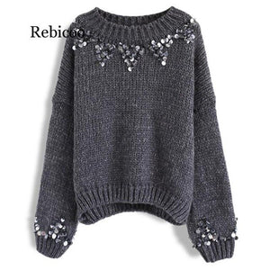 Rebicoo Autumn Winter Women Sequined Knitted Sweater Drop Shoulder Long Sleeve Loose Pullover Female Casual Warm Jumper Sweater