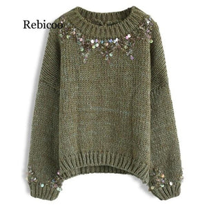 Rebicoo Autumn Winter Women Sequined Knitted Sweater Drop Shoulder Long Sleeve Loose Pullover Female Casual Warm Jumper Sweater