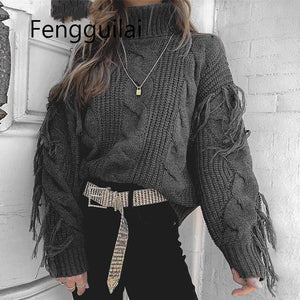 FENGGUILAI Tassel White Winter Sweater Women 2019 Casual Loose Chic Jumper Grey Turtleneck Autumn Pullover Oversize Sweater Muje