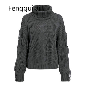 FENGGUILAI Tassel White Winter Sweater Women 2019 Casual Loose Chic Jumper Grey Turtleneck Autumn Pullover Oversize Sweater Muje