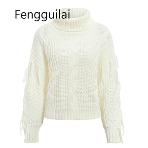 FENGGUILAI Tassel White Winter Sweater Women 2019 Casual Loose Chic Jumper Grey Turtleneck Autumn Pullover Oversize Sweater Muje