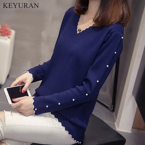 Fashion 2019 Women Faux Pearl Beading Sweater Women Spirng Autumn New Jumper Knitted Pullover Sweater Pull Femme Large Size 4XL