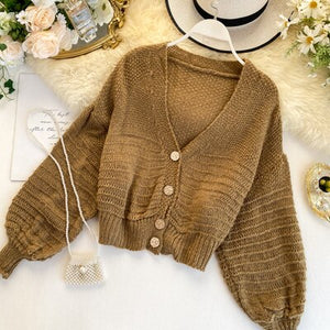 2019 New spring loose cardigan women hollow sweater coat retro V-neck Solid color short thin coat cc1748