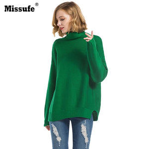 Missufe Green Long Sleeve Turtleneck Warm Sweaters Pull Knitted Solid Jumpers Female Loose Oversize Split Casual Sweatwers Women