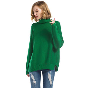 Missufe Green Long Sleeve Turtleneck Warm Sweaters Pull Knitted Solid Jumpers Female Loose Oversize Split Casual Sweatwers Women