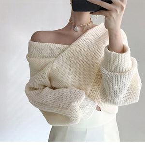 HziriP 2020 OL Sexy Crop Tops Loose Sweater Woman Long Sleeve V Neck Solid Women Sweaters And Pullovers Knitted Jumpers Female