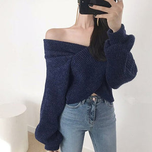 HziriP 2020 OL Sexy Crop Tops Loose Sweater Woman Long Sleeve V Neck Solid Women Sweaters And Pullovers Knitted Jumpers Female