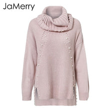 Load image into Gallery viewer, JaMerry Beading pearl turtleneck loose knitted pullover women Casual fashion winter sweater women Autumn long sleeve jumper fema
