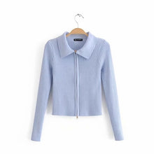 Load image into Gallery viewer, Women Dual Zipper Ribbed Sweater Shirt Cropped Knit Cardigans
