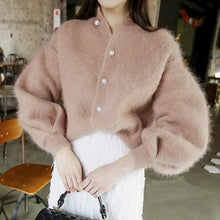 Load image into Gallery viewer, Chic Pearls Beads Mohair Sweater Lantern Sleeved Knitted Cardigan Buckles Sweater Velvet Jacket Oversized Sweater Tops
