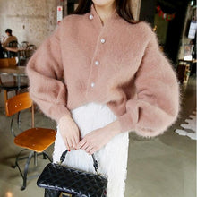 Load image into Gallery viewer, Chic Pearls Beads Mohair Sweater Lantern Sleeved Knitted Cardigan Buckles Sweater Velvet Jacket Oversized Sweater Tops
