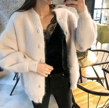 Load image into Gallery viewer, Chic Pearls Beads Mohair Sweater Lantern Sleeved Knitted Cardigan Buckles Sweater Velvet Jacket Oversized Sweater Tops
